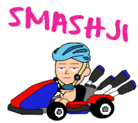 a cartoon of a man driving a go kart with the words smashji written on the bottom