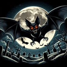 a bat is flying over a cemetery at night