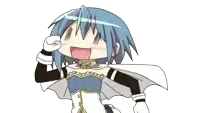 a cartoon drawing of a girl with blue hair and white gloves