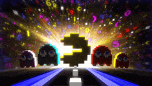 a group of pixelated ghosts are standing next to each other on a road .