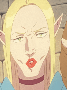 a cartoon of a woman with blonde hair and red lips making a funny face