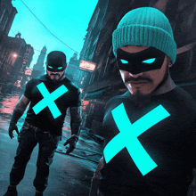 two men wearing masks and black shirts with x on them