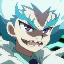 a close up of a boy with blue hair and purple eyes making a funny face .