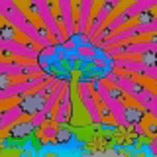 a cartoon drawing of a mushroom with a colorful background .