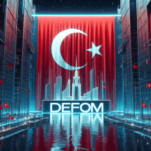 a poster for defom with a crescent moon and star in the background