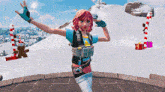 a girl with pink hair is standing in the snow with her arms outstretched .