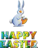 a cartoon bunny holding a basket of easter eggs says happy easter