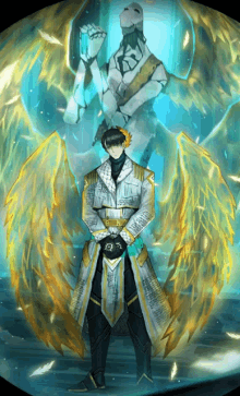 a drawing of a man with gold wings standing in front of a monster