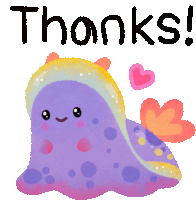 an illustration of a purple sea slug with hearts and the words thanks