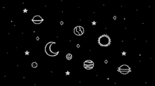 a black and white drawing of planets , stars , and the moon on a black background .