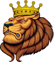 a lion with a crown on its head with red eyes