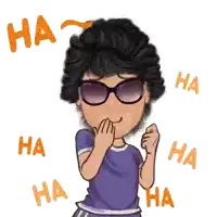 a cartoon of a woman wearing sunglasses and a purple shirt with the word ha surrounding her