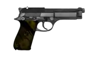 a black gun with a yellow grip that says bvb 09