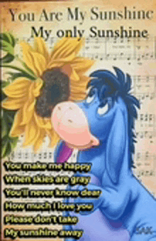 eeyore from winnie the pooh is holding a sunflower on a sheet of music .