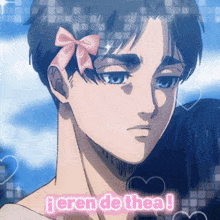 a picture of a boy with a pink bow on his head and the words i eren de thea on the bottom