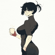 a woman with glasses is holding a cup of coffee in her hand