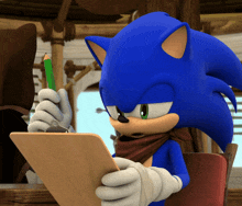 sonic the hedgehog is writing on a clipboard with a pencil