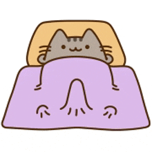 a cartoon cat is laying on a purple blanket with a pillow on top of it .