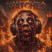 a picture of a zombie wearing headphones with the word watches written above him