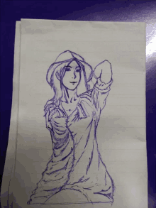 a drawing of a woman wearing a hat is on a piece of lined paper