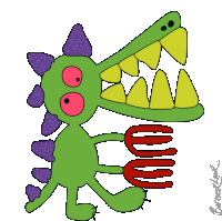 a cartoon drawing of a green monster with purple horns and yellow teeth