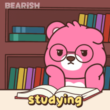 a cartoon of a teddy bear reading a book with the word studying underneath
