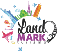 a logo for land mark turismo with a statue of liberty