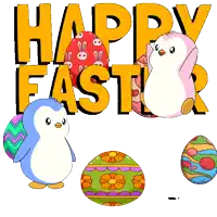 a happy easter greeting card with penguins and easter eggs