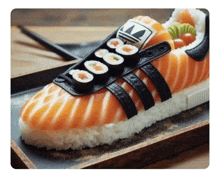 a sushi shoe made to look like adidas shoes