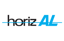 a blue and black logo for horiz al is on a white background