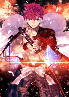 a boy with red hair is holding a sword in his hands