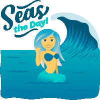 a cartoon illustration of a mermaid with the words seas the day below her