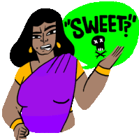 a cartoon of a woman holding a green speech bubble that says sweet