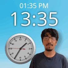 a man wearing glasses stands in front of a clock that reads 13:35