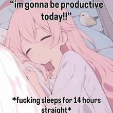 a picture of a girl sleeping with the caption " im gonna be productive today fucking sleeps for 14 hours straight * "