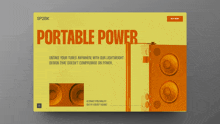 a yellow advertisement for portable power with an orange speaker