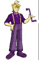 a cartoon drawing of a man in purple suspenders holding a purple pipe