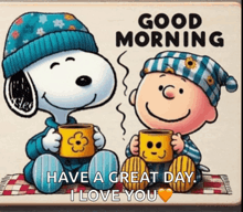 snoopy and charlie brown are sitting on a blanket holding cups of coffee and saying good morning