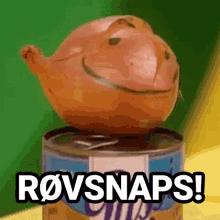 a smiling onion is sitting on top of a can that says rovsnaps