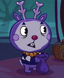 a purple cartoon character with antlers holding a bag