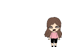 a cartoon girl with brown hair is wearing a pink sweater and black shorts