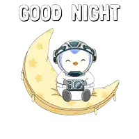 a penguin in a space suit is sitting on a crescent moon with the words good night written above it
