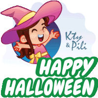 a sticker that says happy halloween with a little girl in a witch costume