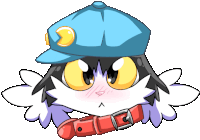 a cartoon drawing of a cat wearing a blue hat and a red belt