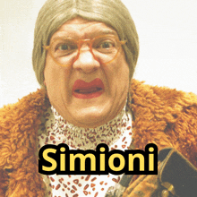 a man wearing glasses and a fur coat has the name simoni on the bottom of his face