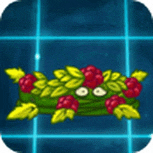 a cartoon frog with leaves and berries is sitting on a blue tiled floor .