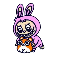 a cartoon character in a pink bunny costume is holding a small animal