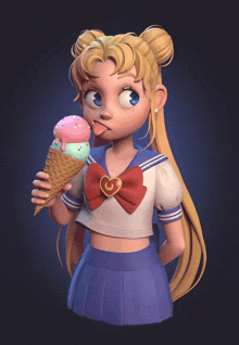 a girl in a sailor suit holding an ice cream cone