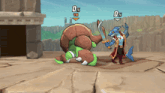 a video game shows a shark and a turtle fighting each other with the shark holding a sword