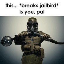 a soldier wearing a gas mask and a helmet is holding a weapon with the caption " this breaks jailbird "